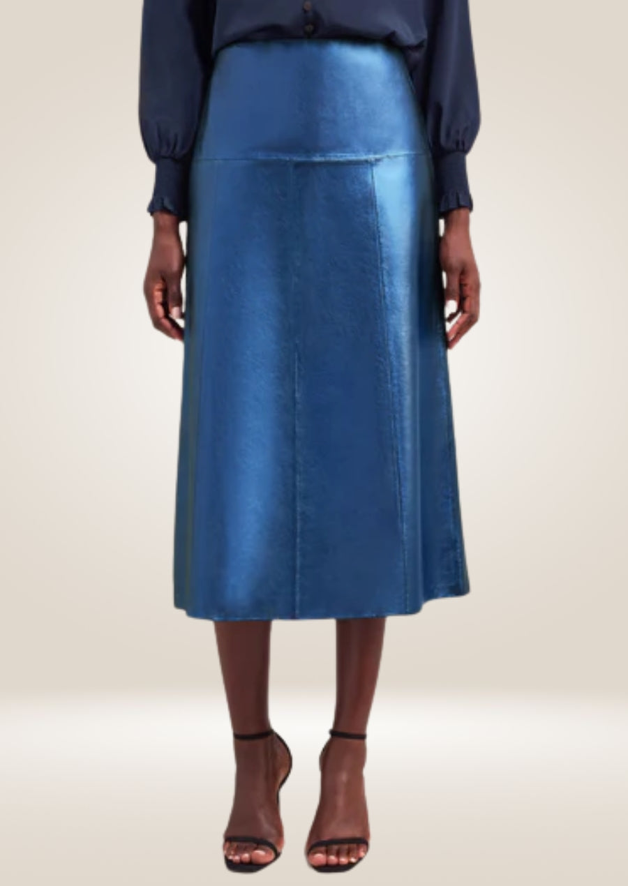 Metallic blue leather midi skirt with high waist and sleek polished futuristic finish