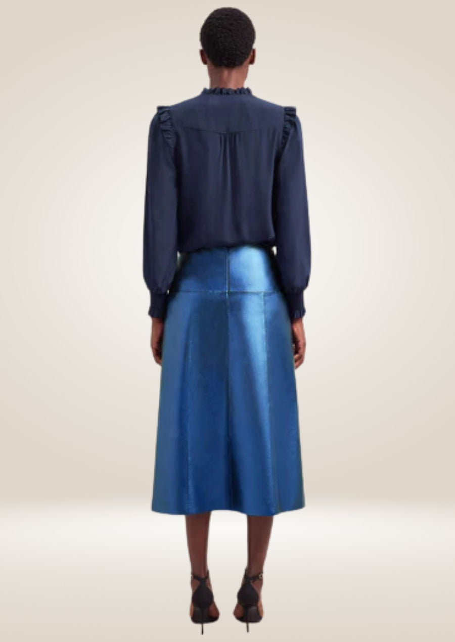 Stylish metallic blue leather midi skirt featuring smooth texture and modern tailored fit