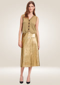 Elegant metallic gold leather midi skirt with polished sheen and smooth tailored finish