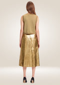 Stylish metallic gold leather midi skirt crafted from premium genuine leather material
