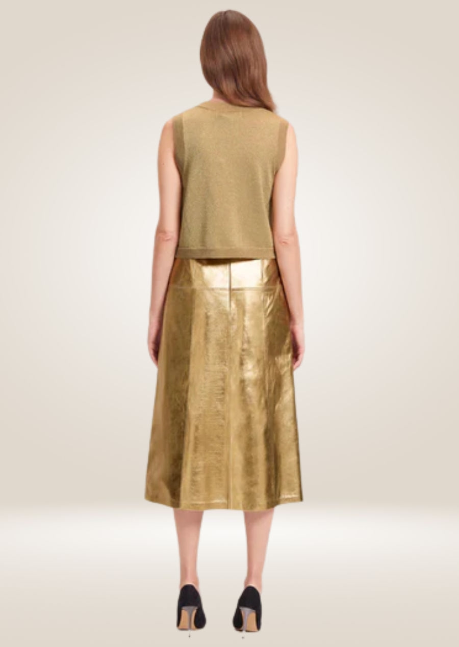 Stylish metallic gold leather midi skirt crafted from premium genuine leather material