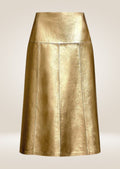 Metallic gold leather midi skirt offering structured fit and glamorous modern appeal
