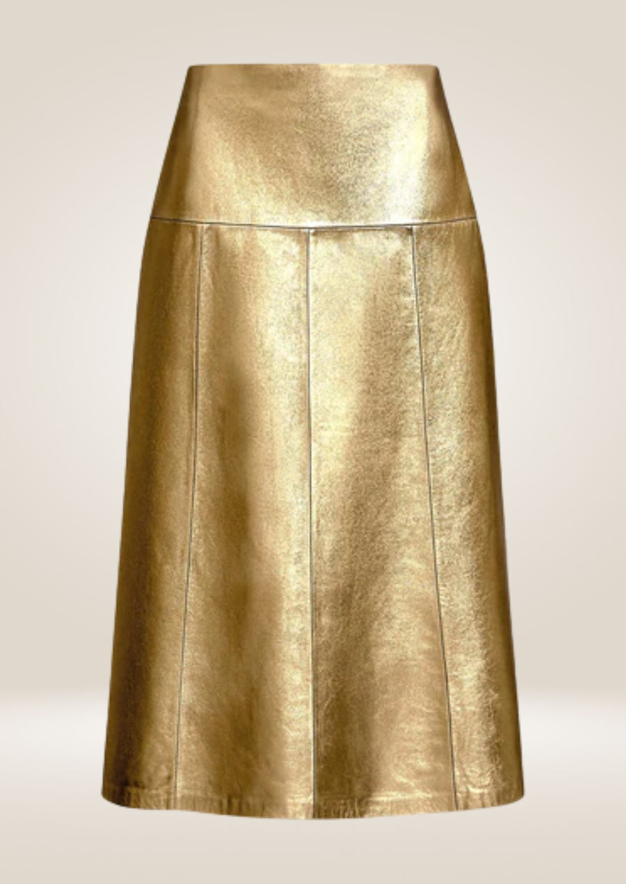 Metallic gold leather midi skirt offering structured fit and glamorous modern appeal