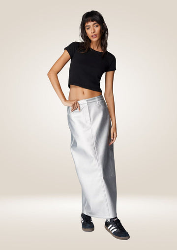 Metallic Silver Leather Maxi Skirt - Glamorous and Bold Style