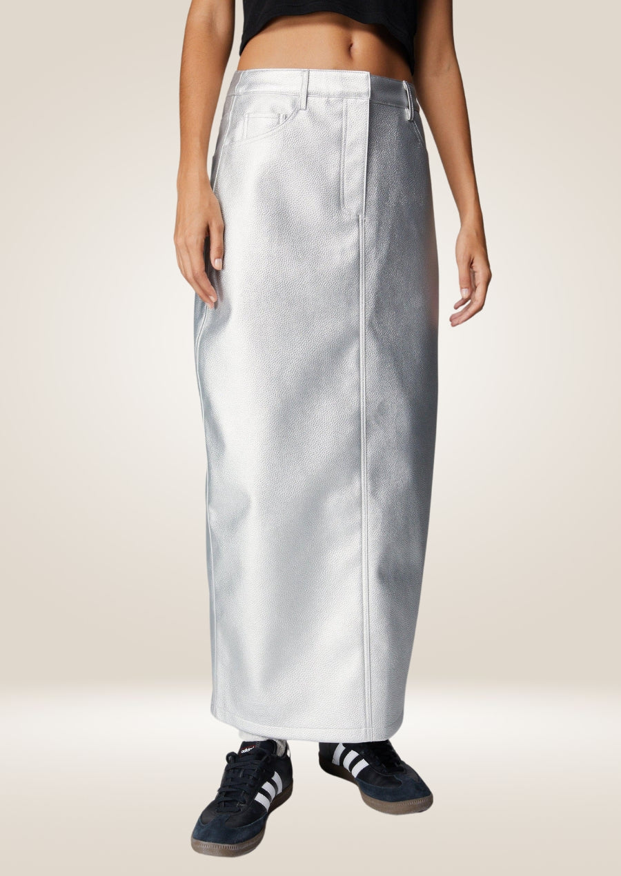 Metallic Silver Leather Maxi Skirt - Glamorous and Bold Style