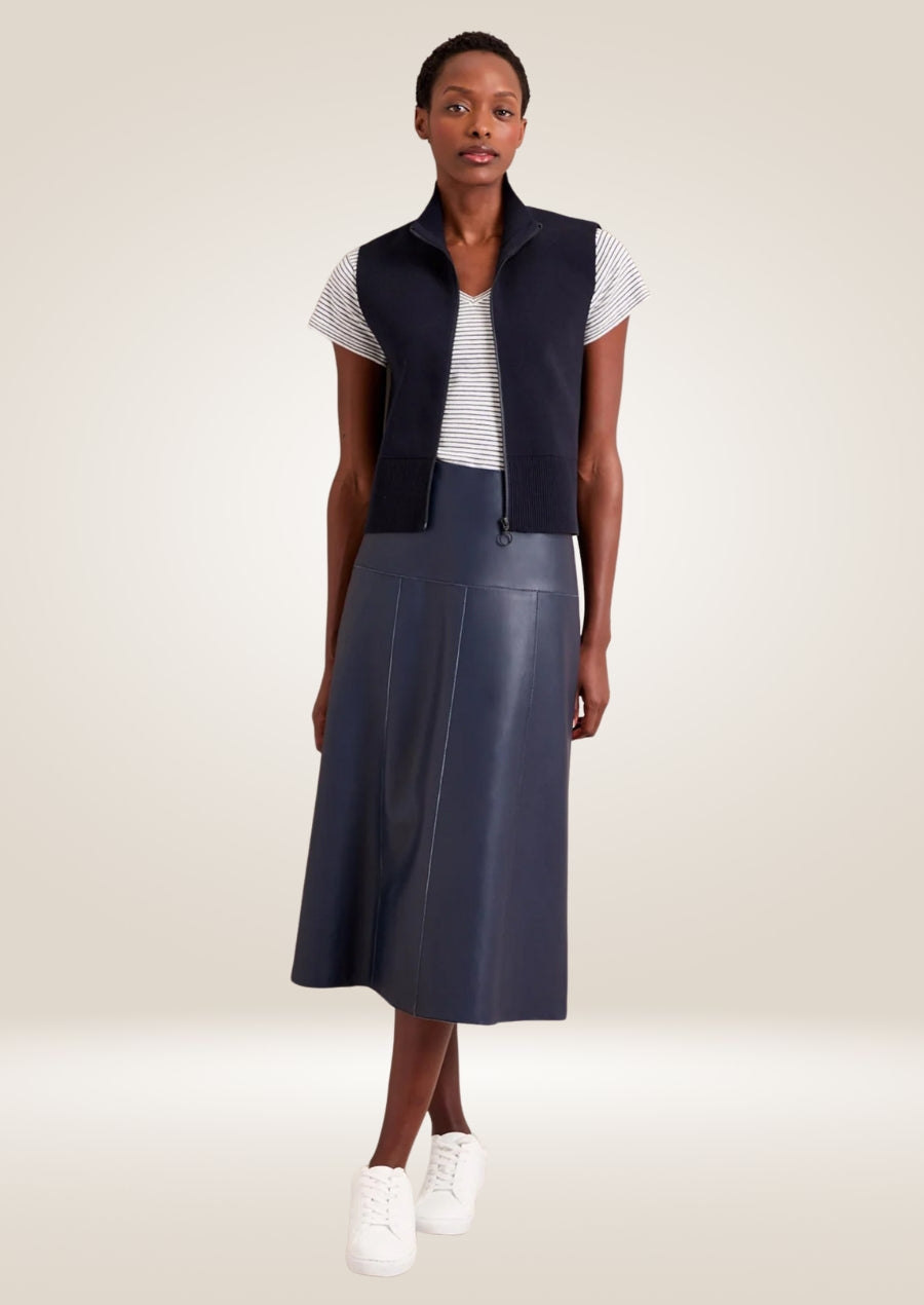 Navy leather midi skirt with high waist and sleek tailored silhouette for modern styling