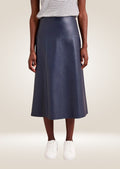 Stylish navy leather midi skirt featuring smooth finish and elegant minimalist design