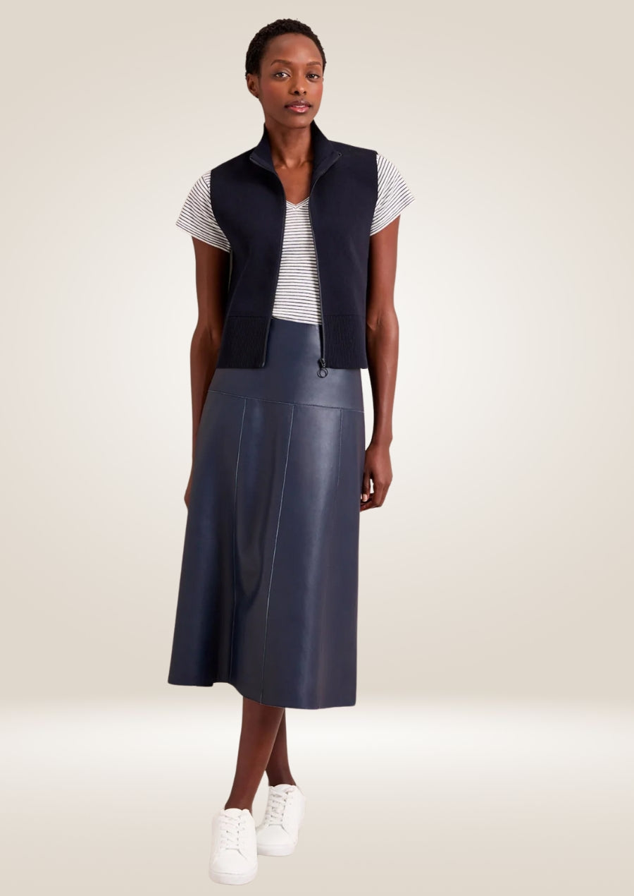 Classic navy leather midi skirt with fitted waist and polished soft leather texture