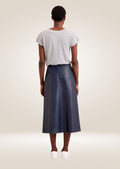 Premium navy leather midi skirt crafted from genuine leather with refined stitching