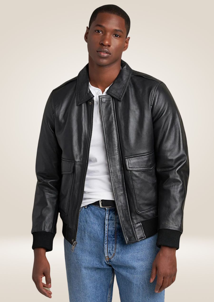 Men’s black leather jacket with zip front and stand collar