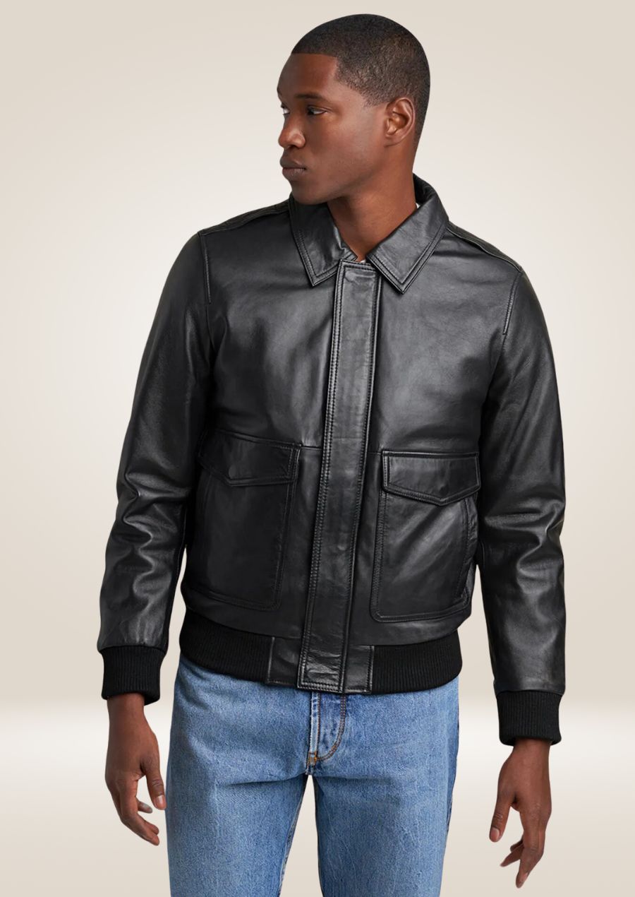 Men’s black leather jacket with zip front and stand collar