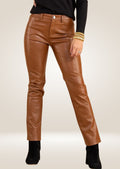 Women's Brown Leather Pants front close view