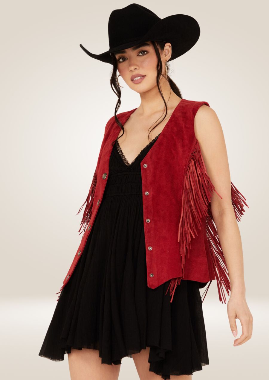 Red leather fringe vest featuring classic western-inspired design with long tassels