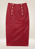 Stylish red leather pencil skirt featuring front button detail and sleek fitted design