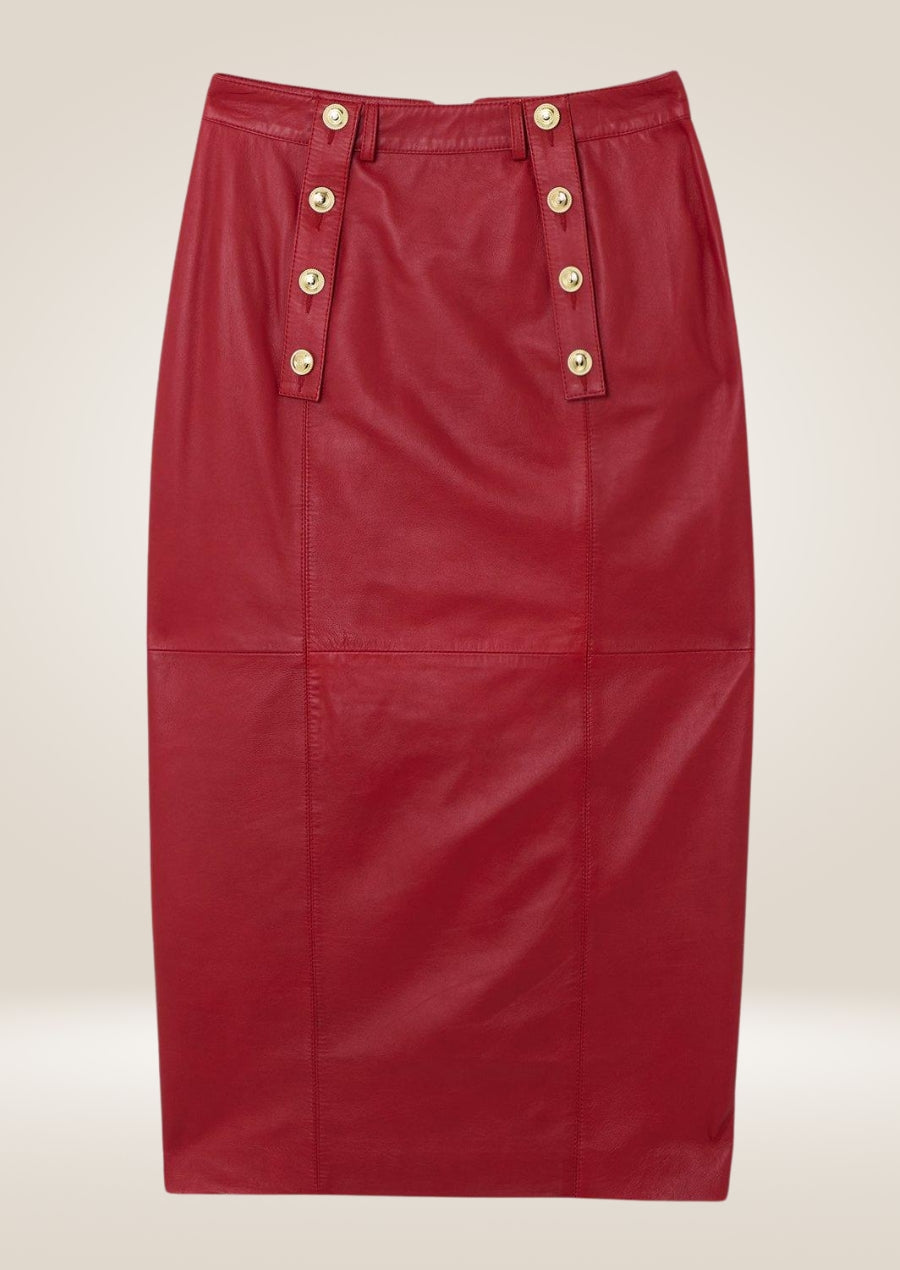 Stylish red leather pencil skirt featuring front button detail and sleek fitted design