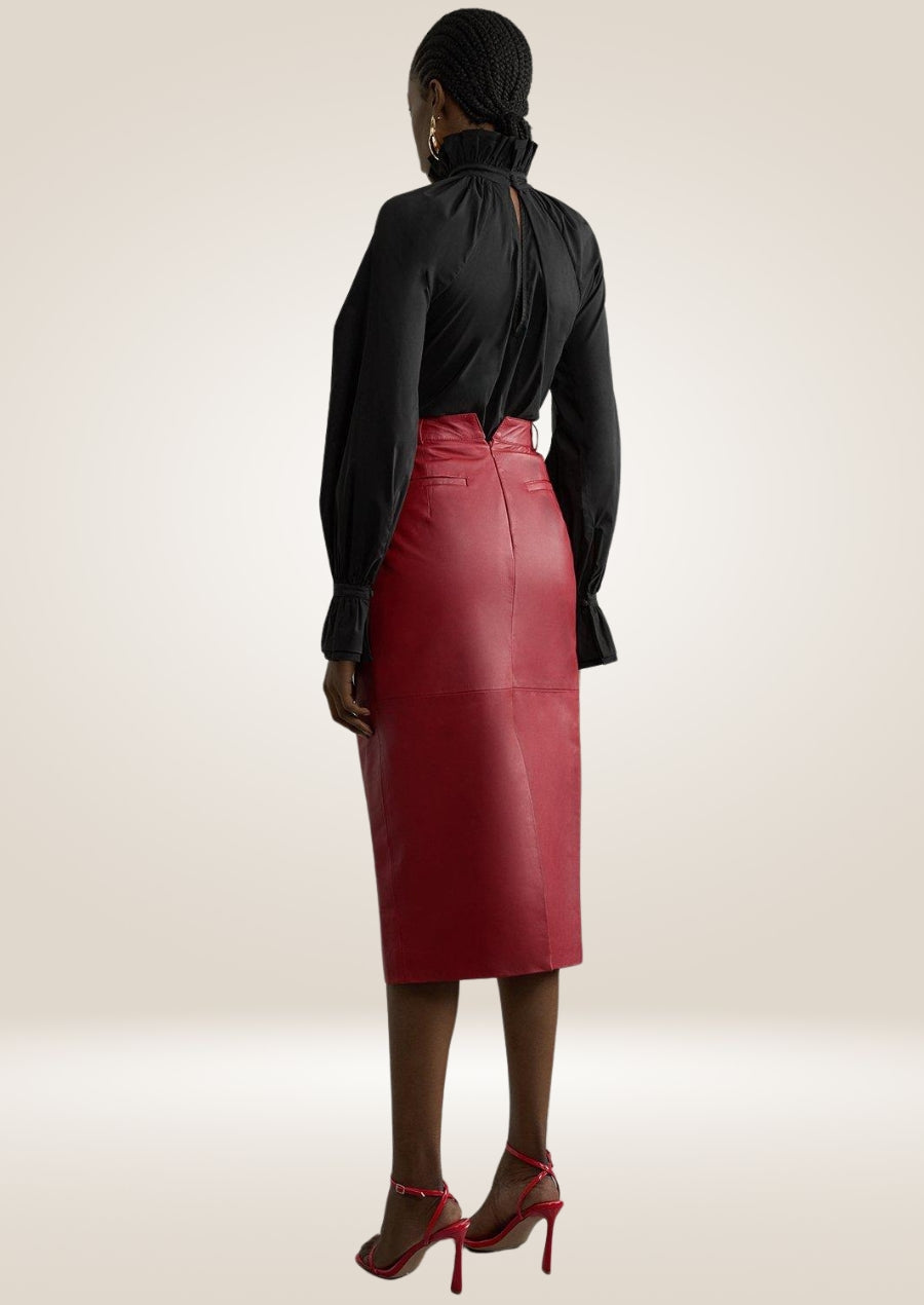 Premium red leather military button pencil skirt with slim fit and refined stitching