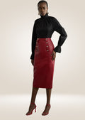 Red leather military button pencil skirt with high waist and structured tailored silhouette