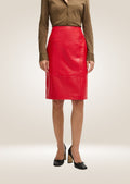 Stylish red leather pencil skirt featuring smooth finish and modern slim fit design