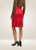 Premium red leather pencil skirt crafted from genuine soft leather with polished texture