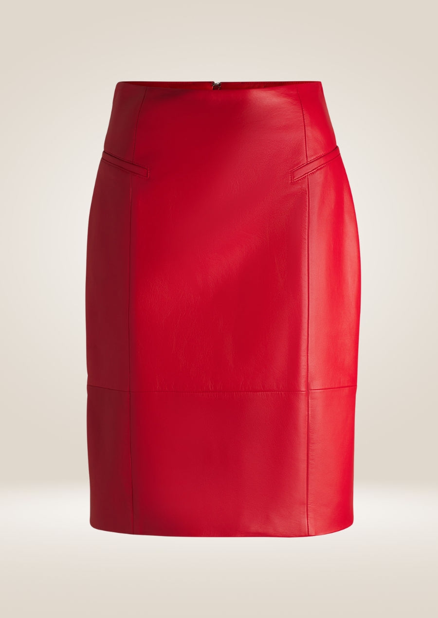 Elegant red leather pencil skirt with fitted waistline and classic mid-length cut