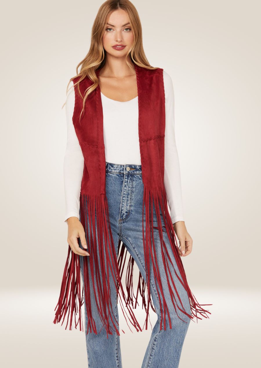 Red long leather fringe vest featuring extended tassels and classic western-inspired design