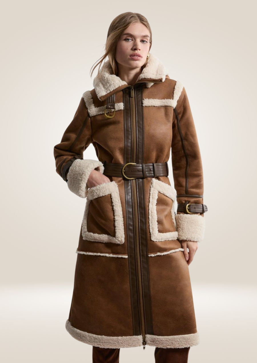 Shearling trim hooded leather midi coat with warm lining and elegant mid-length design