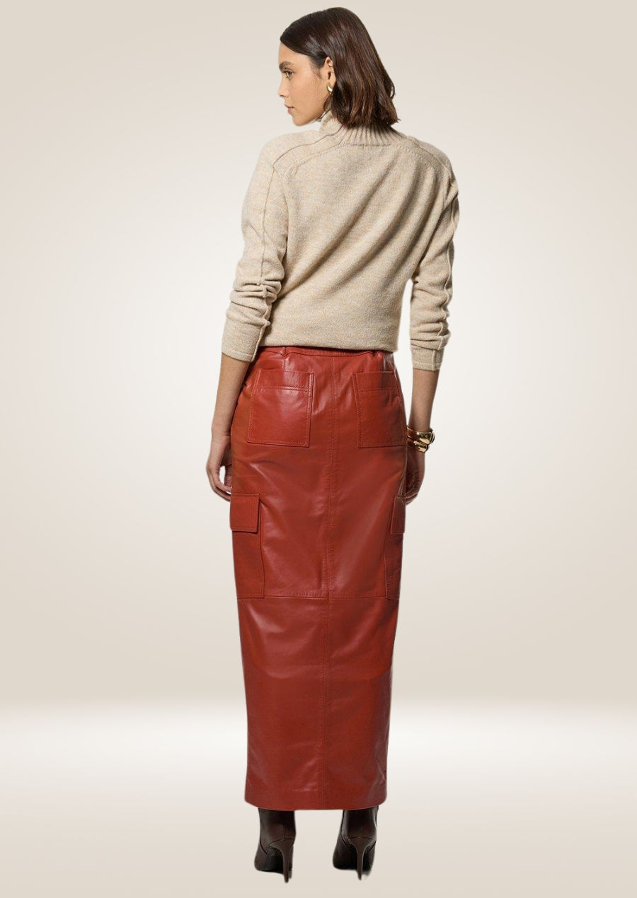 Tan Leather Cargo Maxi Skirt - Tailored Utility Chic