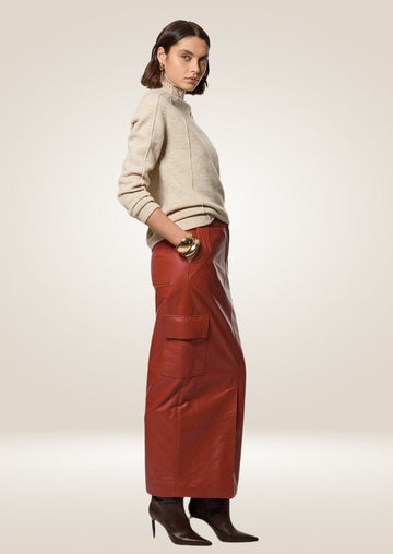 Tan Leather Cargo Maxi Skirt - Tailored Utility Chic
