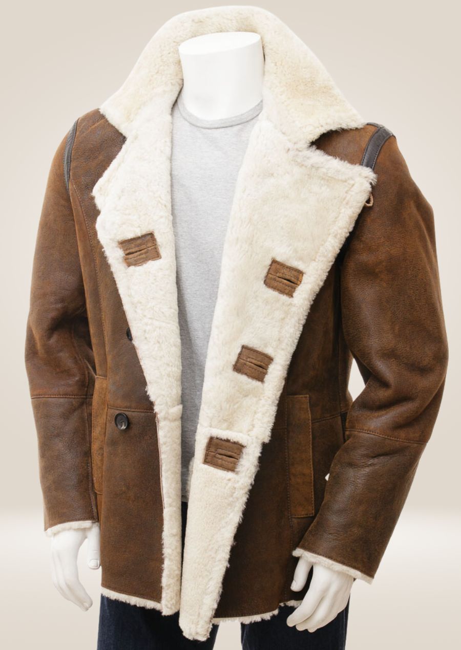 Tan sheepskin shearling pea coat with an open front, showcasing the cozy, soft shearling interior for maximum warmth.
