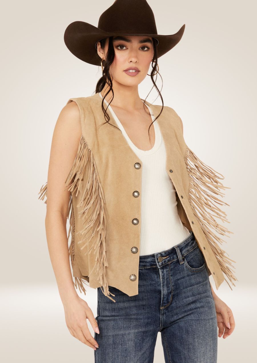 Tan leather western fringe vest featuring long tassels and classic sleeveless design