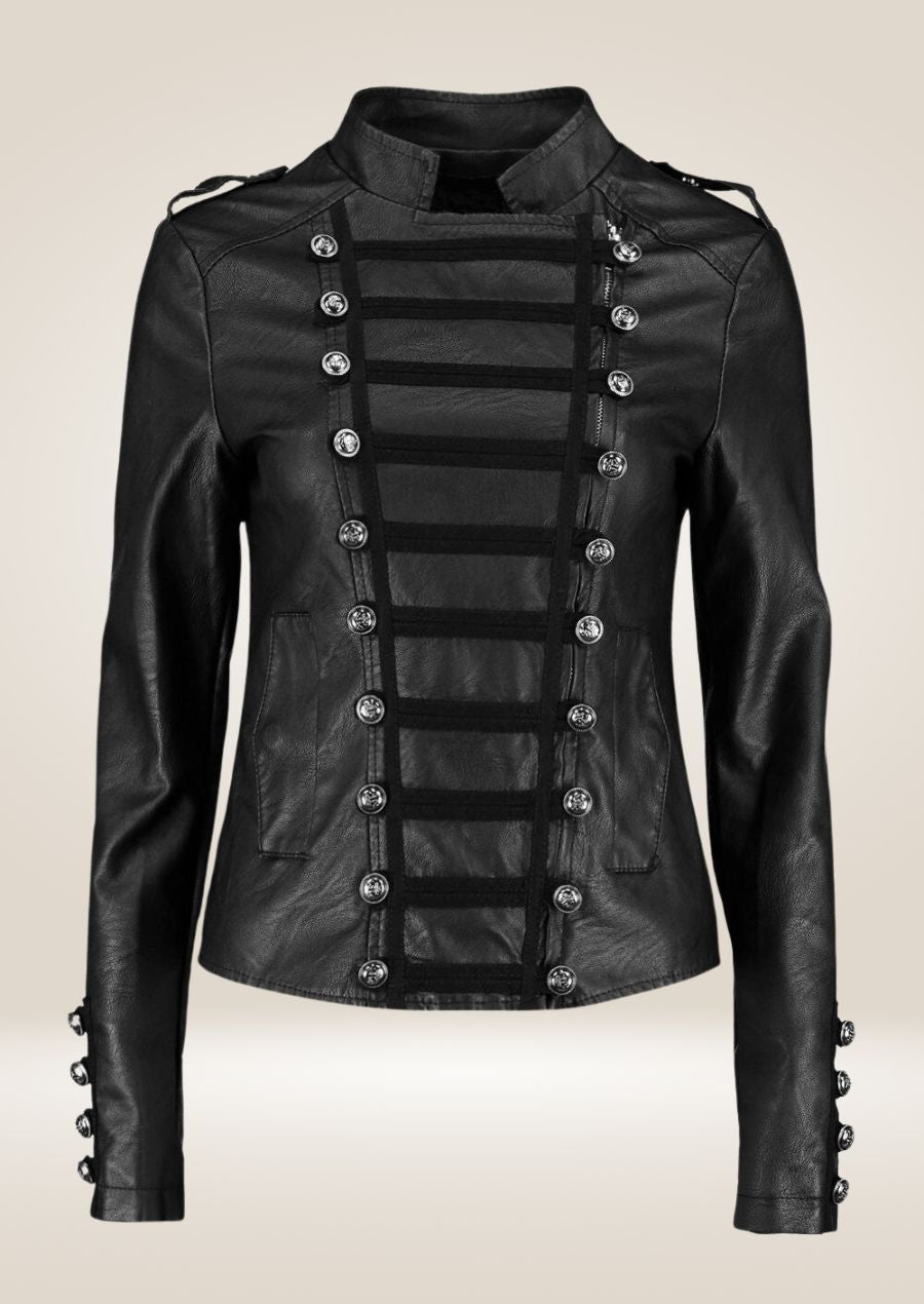 Women's Black Biker Military Leather Jacket