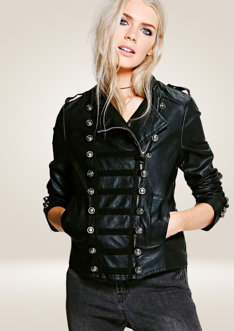 Women's Black Biker Military Leather Jacket