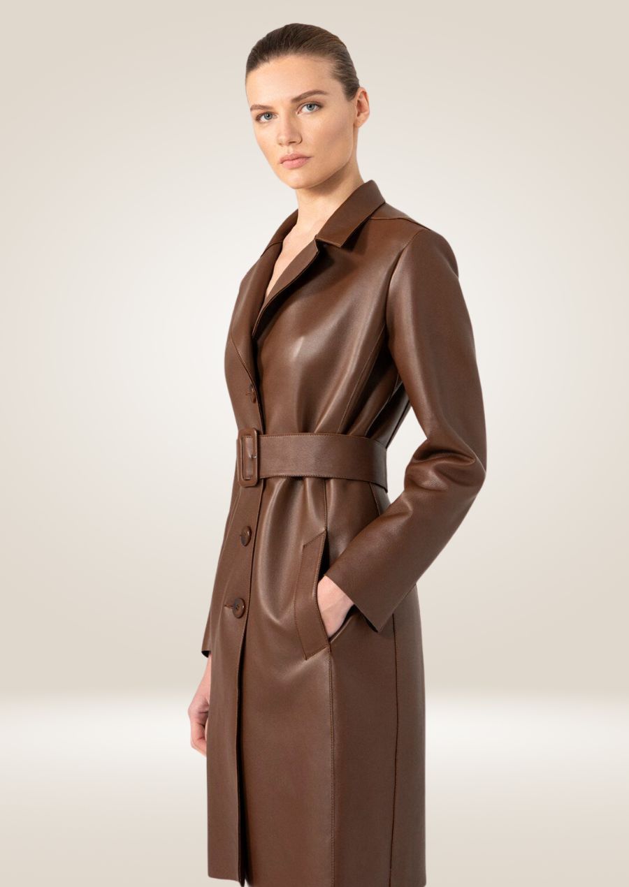 Women's Brown Leather Trench Coat 