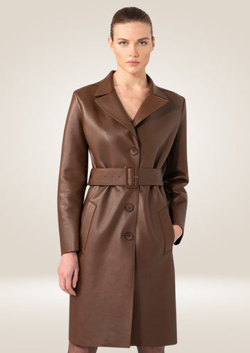 Women's Brown Leather Trench Coat 