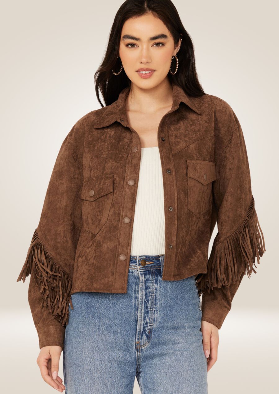 Women’s chocolate brown suede jacket with fringe detailing