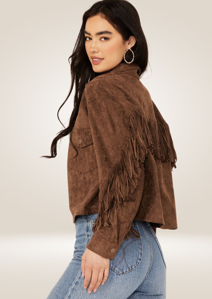 Women’s chocolate brown suede jacket with fringe detailing