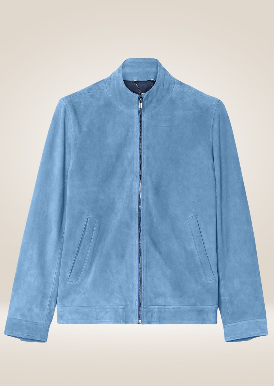 Men’s blue suede stand collar jacket with front zipper closure