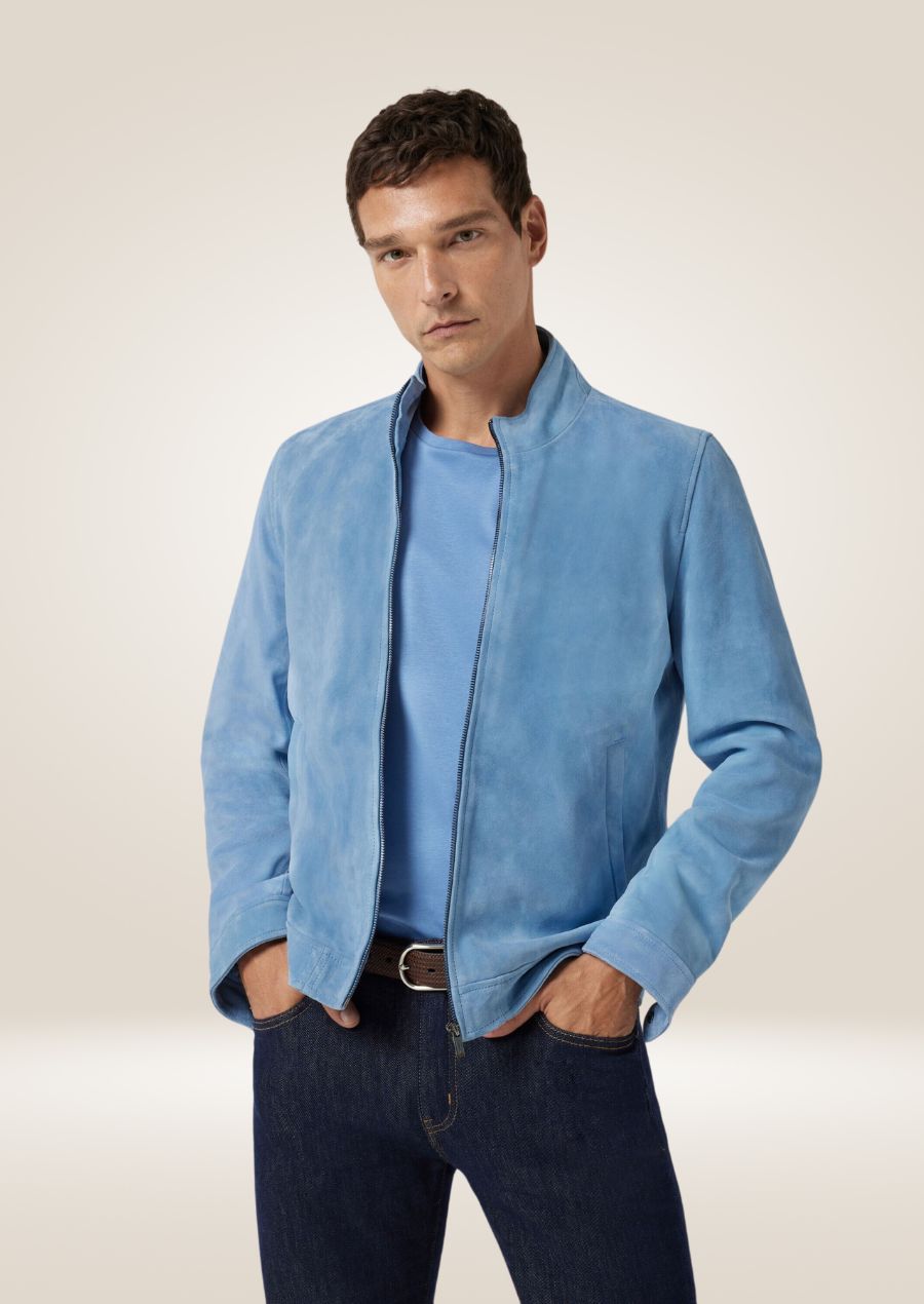 Men’s blue suede stand collar jacket with front zipper closure