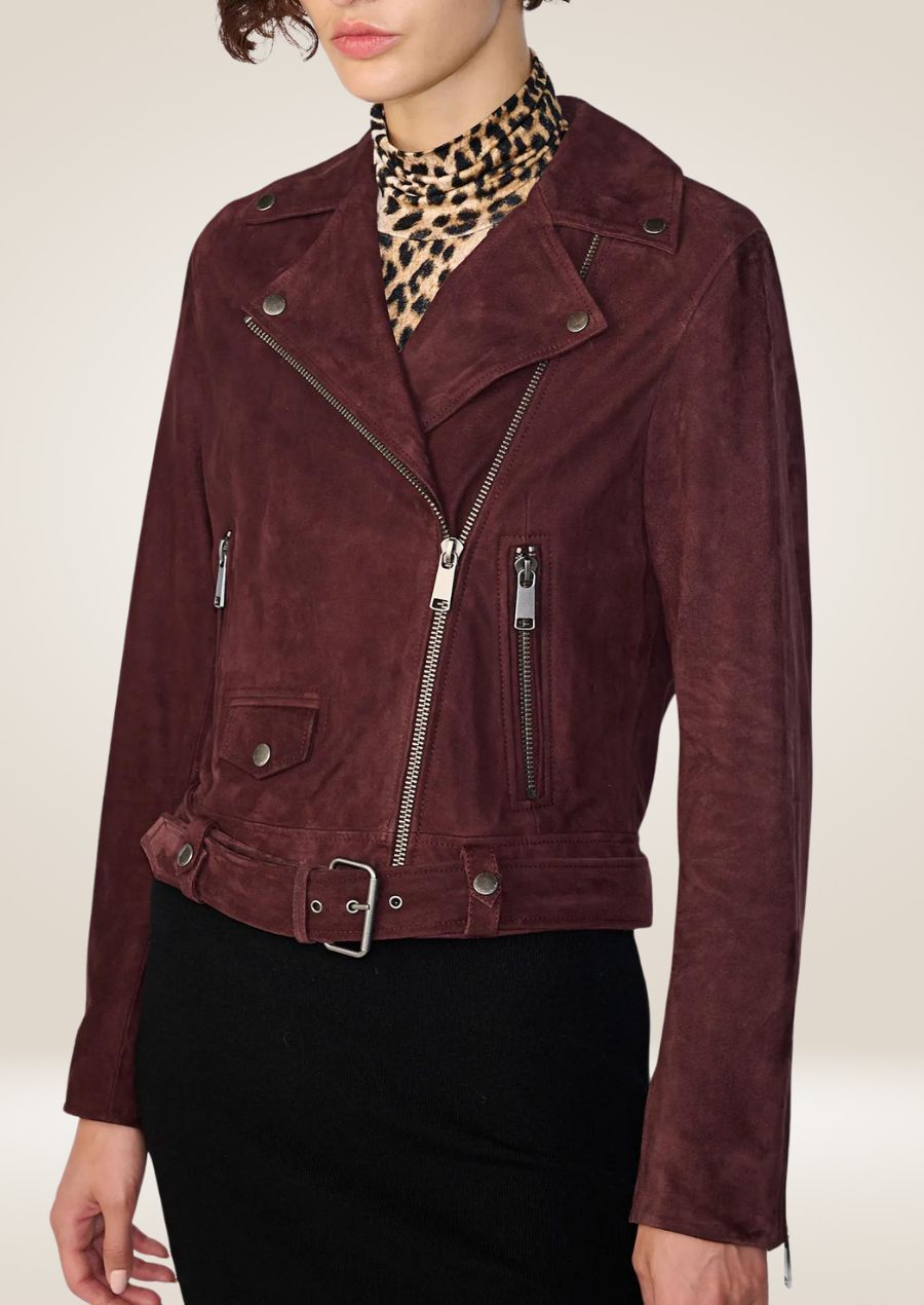Women’s maroon suede belted moto jacket with front zipper closure