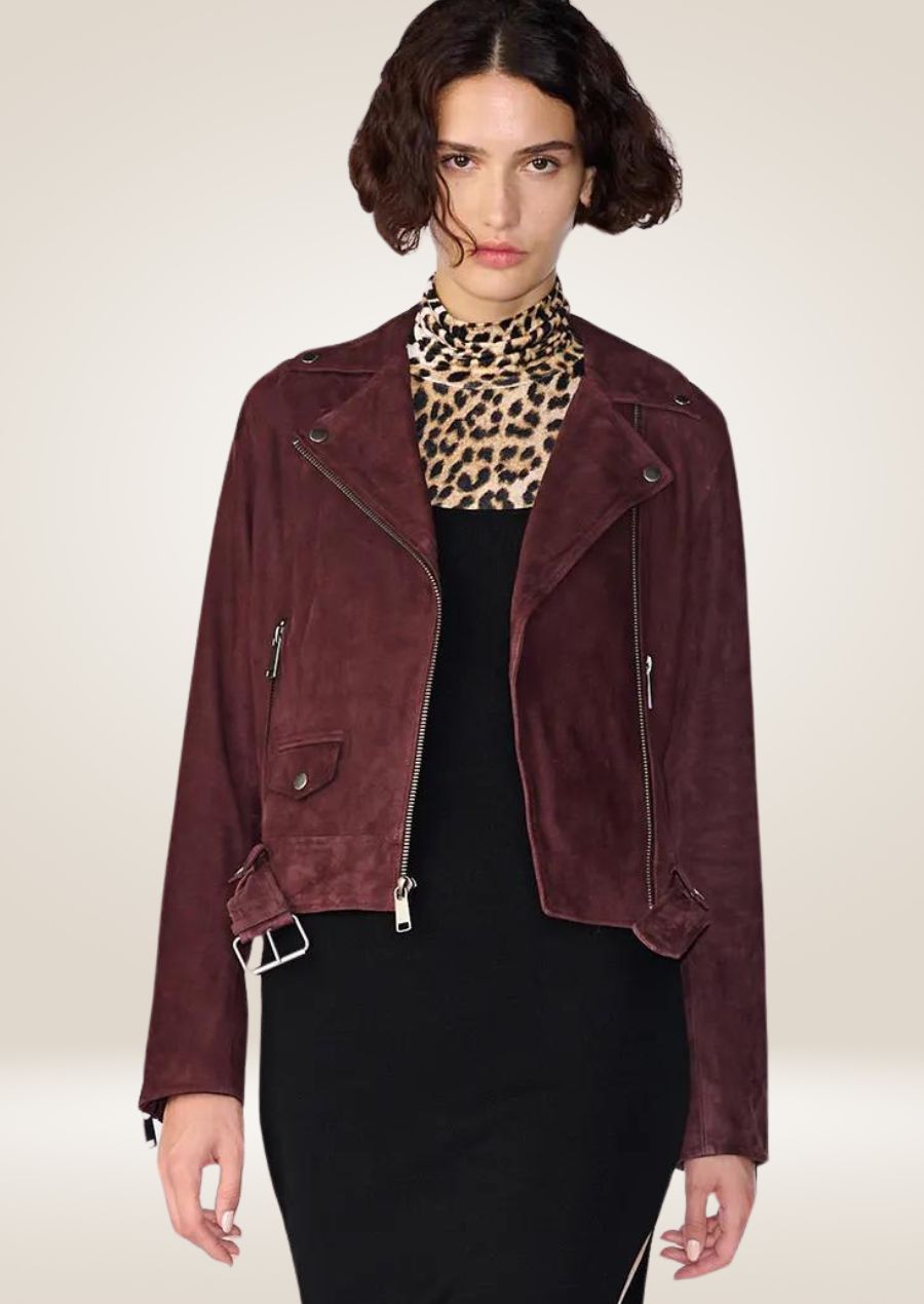 Women’s maroon suede belted moto jacket with front zipper closure