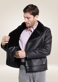 Classic black leather bombardier jacket with shearling interior