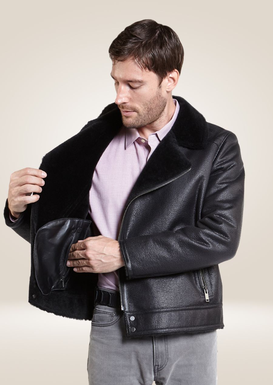 Classic black leather bombardier jacket with shearling interior