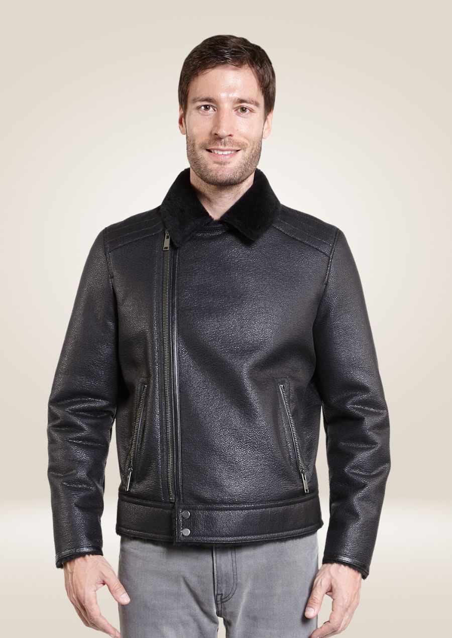 Black leather bombardier jacket featuring cozy shearling collar