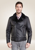 Men’s black shearling bombardier jacket with soft wool lining