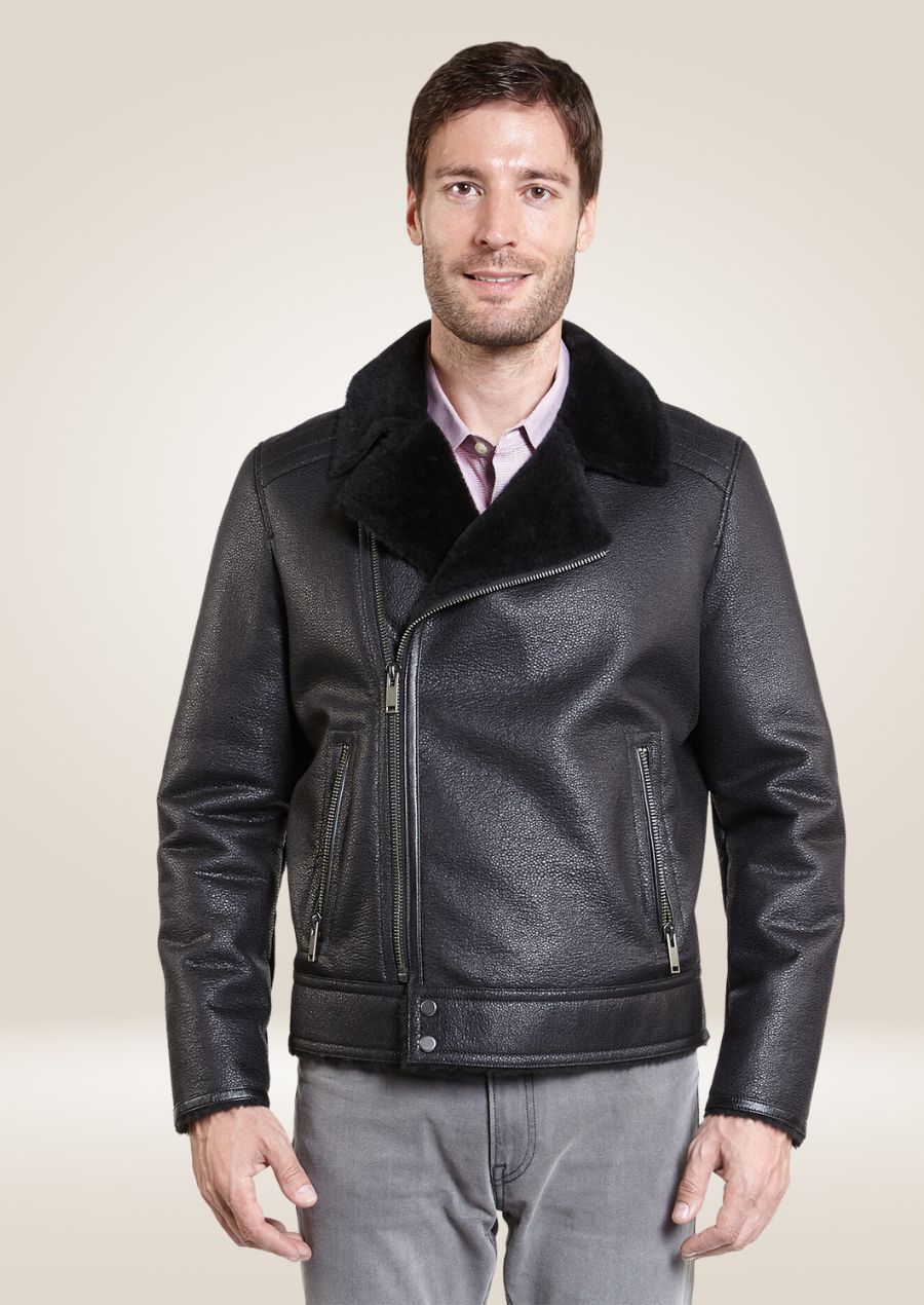 Men’s black shearling bombardier jacket with soft wool lining