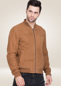 Men’s tan suede bomber jacket with front zipper closure