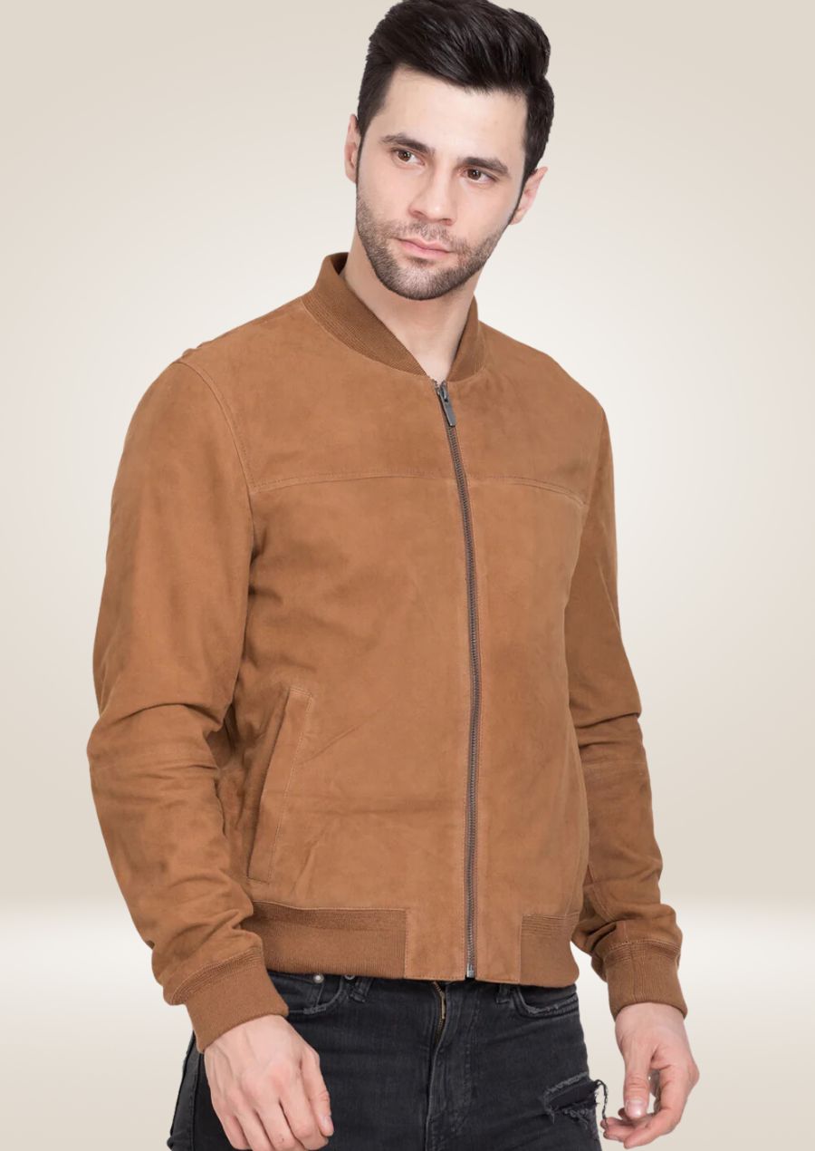 Men’s tan suede bomber jacket with front zipper closure