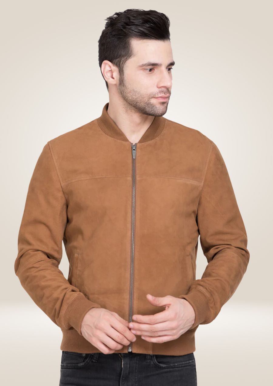 Stylish tan suede leather bomber jacket for men
