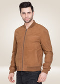 Classic men’s tan suede bomber jacket with ribbed cuffs