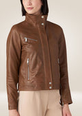 Classic brown leather jacket for women with slim fit